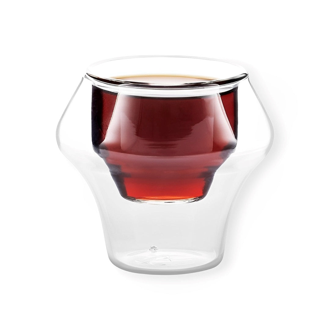 Tasse à café expresso en verre borosilicate transparent à double paroi, au design original de forme conique évasée qui se referme, pour un plaisir visuel et gustatif exceptionnel.