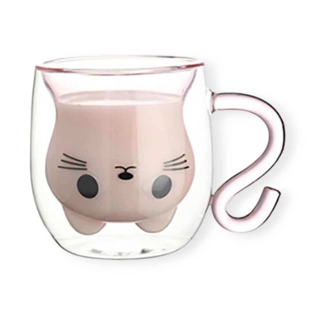 Une magnifique tasse double paroi en verre, décorée d'un chat rose et dotée d'une anse rose pour un confort optimal. Parfaite pour déguster une boisson chaude ou froide tout en admirant son design élégant et mignon.