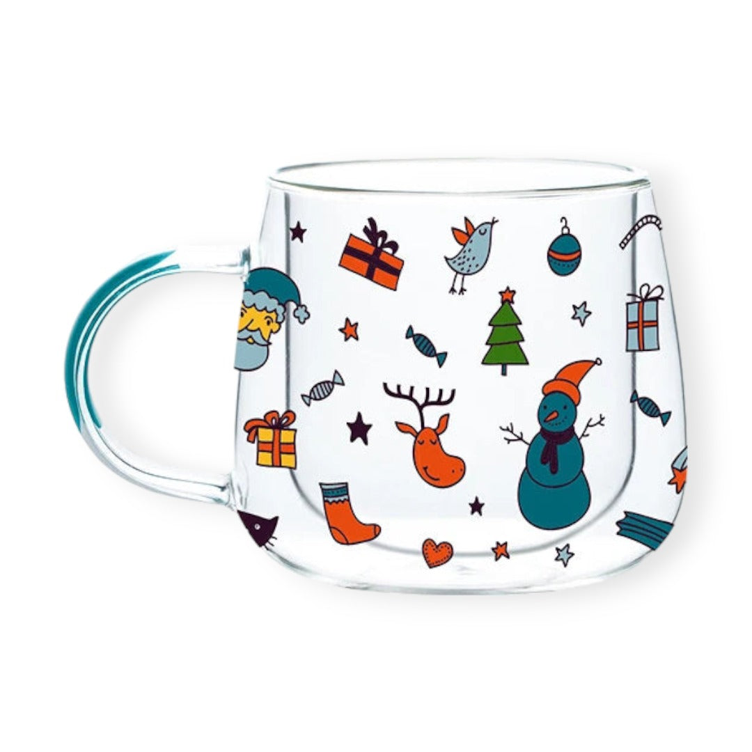 Tasse de Noël à double paroi avec anse, décorée d'un motif thème de Noël, pour une boisson chaude festive et confortable.