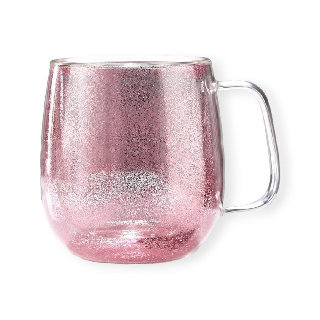 Tasse à double paroi rose pailleté avec anse pour boissons chaudes ou froides, idéale pour une utilisation quotidienne ou en déplacement.