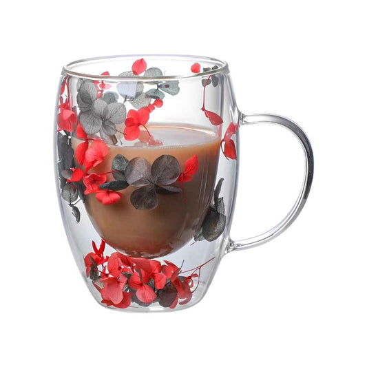 Tasse en verre double paroi décorée de pétales rouges et gris, avec une anse ergonomique