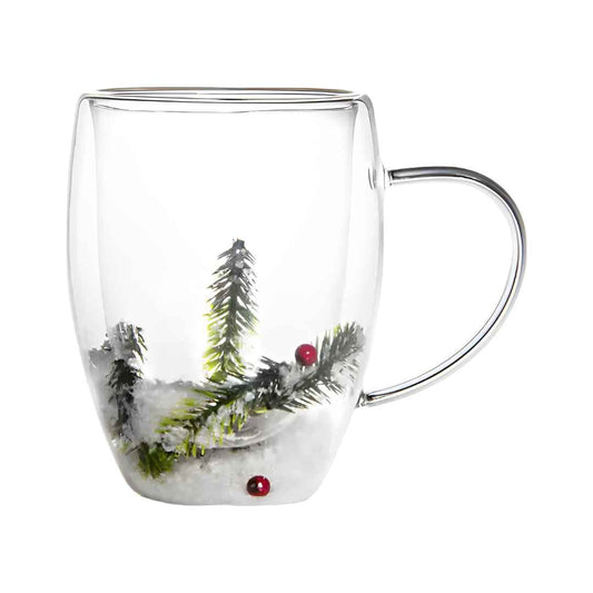 Tasse en verre double paroi décorée de branches de sapin, de baies et de neige, avec anse