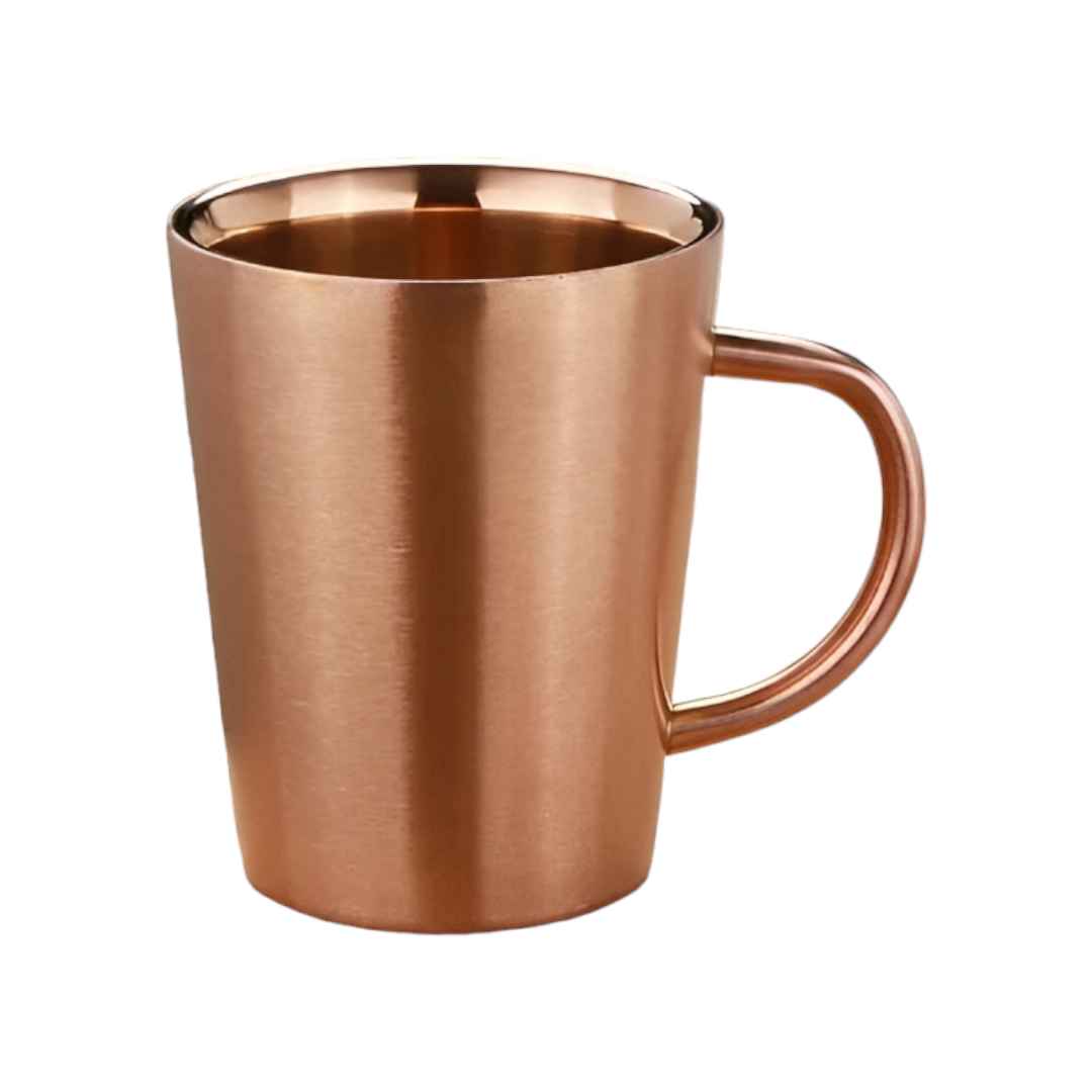 Image d'une tasse conique de 300ml en acier inoxydable à double paroi, avec une finition cuivrée brillante et élégante pour une boisson chaude ou froide.