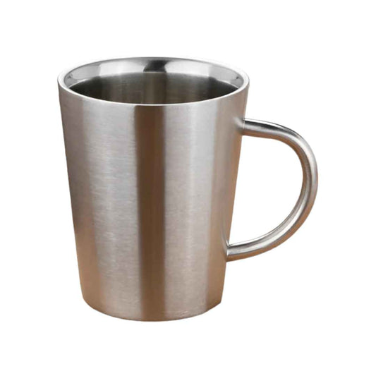 Tasse en acier inox double paroi de 300ml, couleur argentée et conique, idéale pour les boissons chaudes ou froides