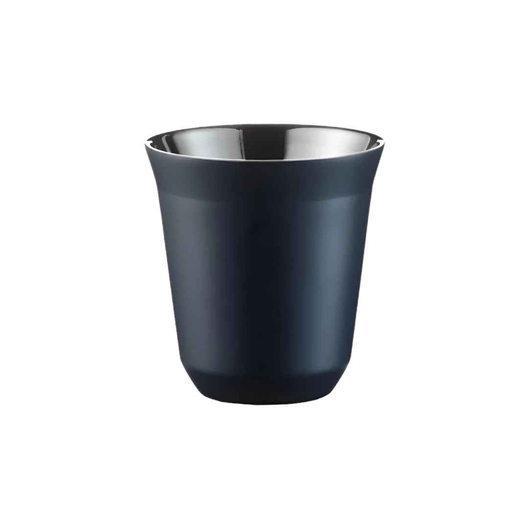 Image d'une tasse expresso en acier inoxydable de 80 ml avec une double paroi, de couleur bleu foncé - idéale pour les amateurs de café qui apprécient la qualité et le style sophistiqué.