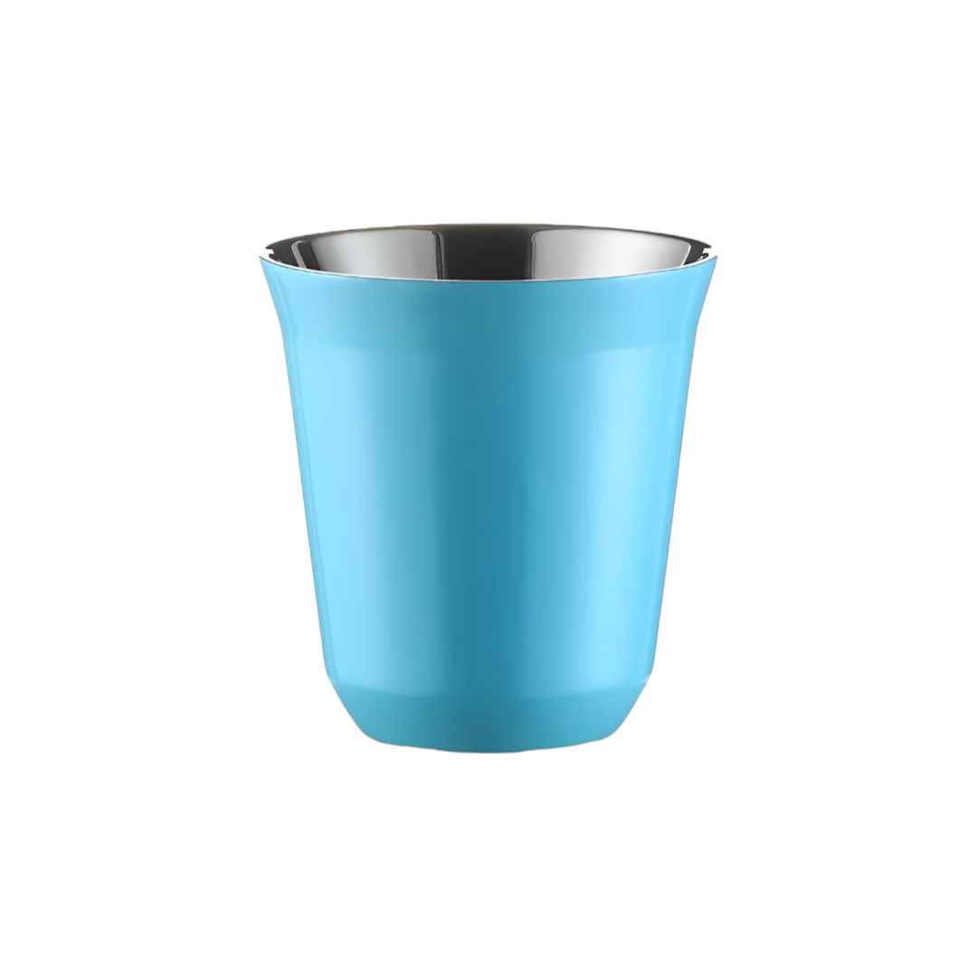 Image d'une tasse double paroi expresso de 80ml en acier inoxydable, de couleur bleu ciel. Cette tasse est idéale pour maintenir la température de votre café et son design moderne apportera une touche d'élégance à votre cuisine. Optez pour cette tasse résistante et pratique pour vos dégustations de café préférées.
