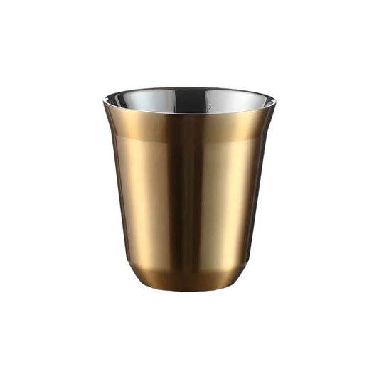 Image d'une tasse double paroi en acier inoxydable doré, de taille expresso, d'une contenance de 80ml. Cette tasse à café chic et isolante est idéale pour une dégustation de café exquise.