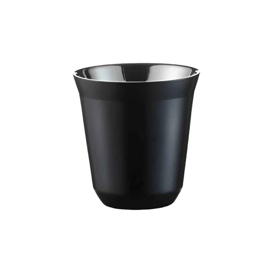 Une tasse expresso en acier inoxydable noir de 80ml avec double paroi pour maintenir la chaleur, idéale pour un café rapide et raffiné.