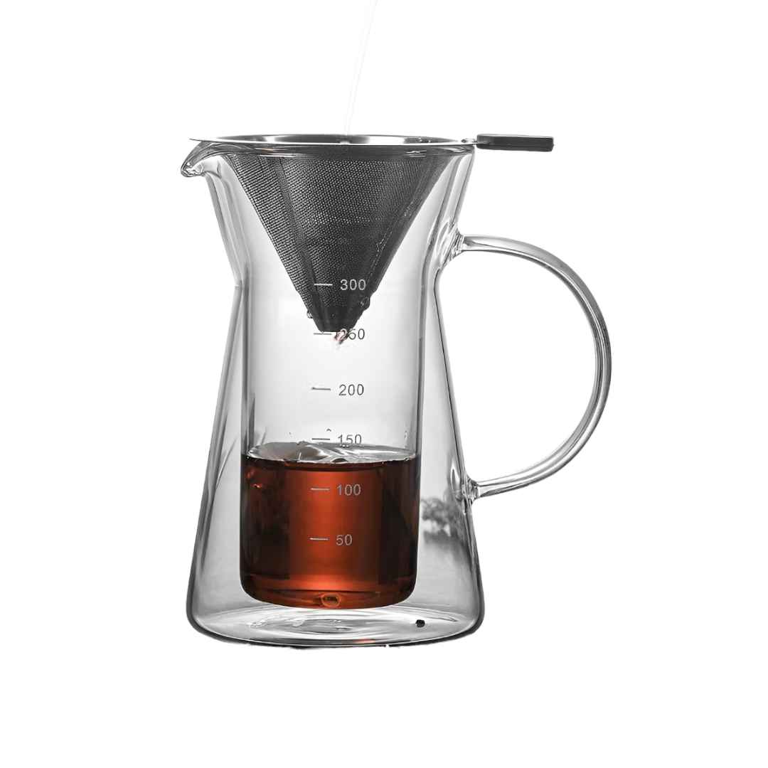 Image d'une cafetière en verre avec double paroi, d'une capacité de 300 ml, équipée d'un filtre en métal pour préparer du café. Cette cafetière est robuste mais légère, facile à utiliser et à nettoyer, idéale pour les amateurs de café à la maison.