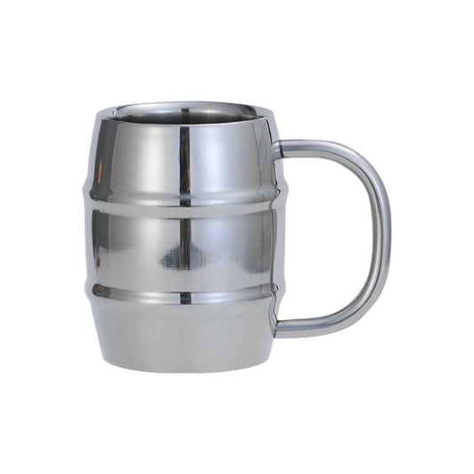 Image d'une élégante tasse en inox de 320ml avec une forme tonneau, une anse et une double paroi, idéale pour maintenir les boissons chaudes ou froides. Parfait pour les amateurs de thé ou de café.