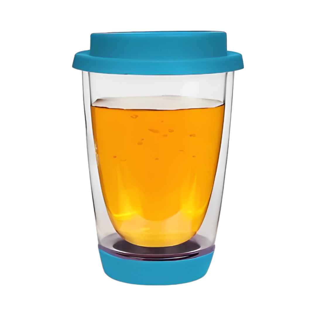 Image d'une tasse en verre borosilicate double paroi de 350 ml avec un couvercle bleu, parfaite pour conserver la chaleur de votre boisson préférée. Idéale pour le thé, le café ou le chocolat chaud.