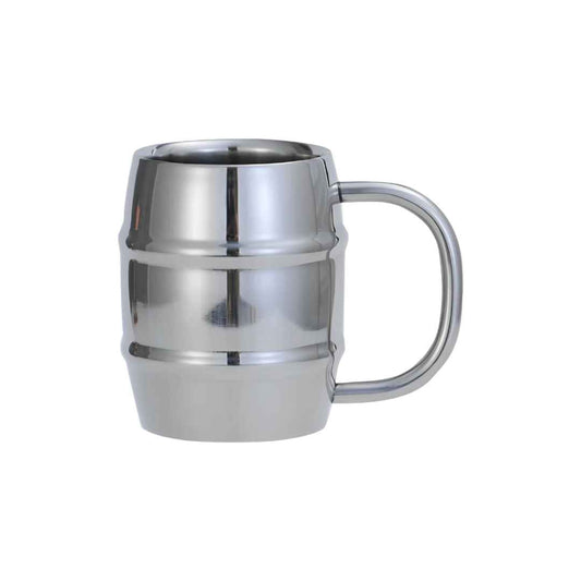 Image d'une tasse double paroi en inox de 260ml en forme de tonneau avec une anse, idéale pour garder les boissons chaudes ou froides.