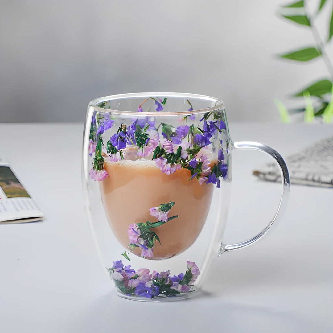 Tasse avec Fleurs Séchées Violettes et Anse Double Paroi