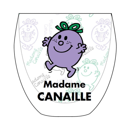Tasse en verre double paroi avec le dessin de Madame Canaille imprimé dessus.