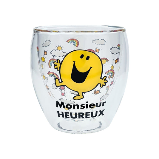 Tasse double paroi Monsieur Heureux avec sourire jaune et logo Mr Men.