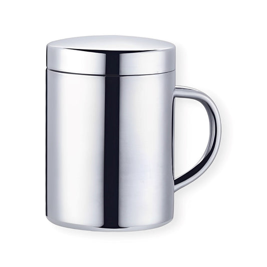 Mug en acier inox brillant de forme cylindrique avec couvercle et double paroi, d'une capacité de 400 ml pour savourer vos boissons chaudes.