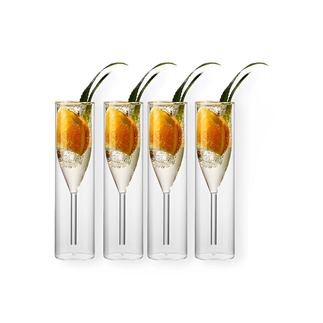 Lot de 4 flûtes à champagne double paroi, design modernes, élégantes et pratiques pour déguster les bulles, idéales pour une soirée festive ou un dîner romantique.