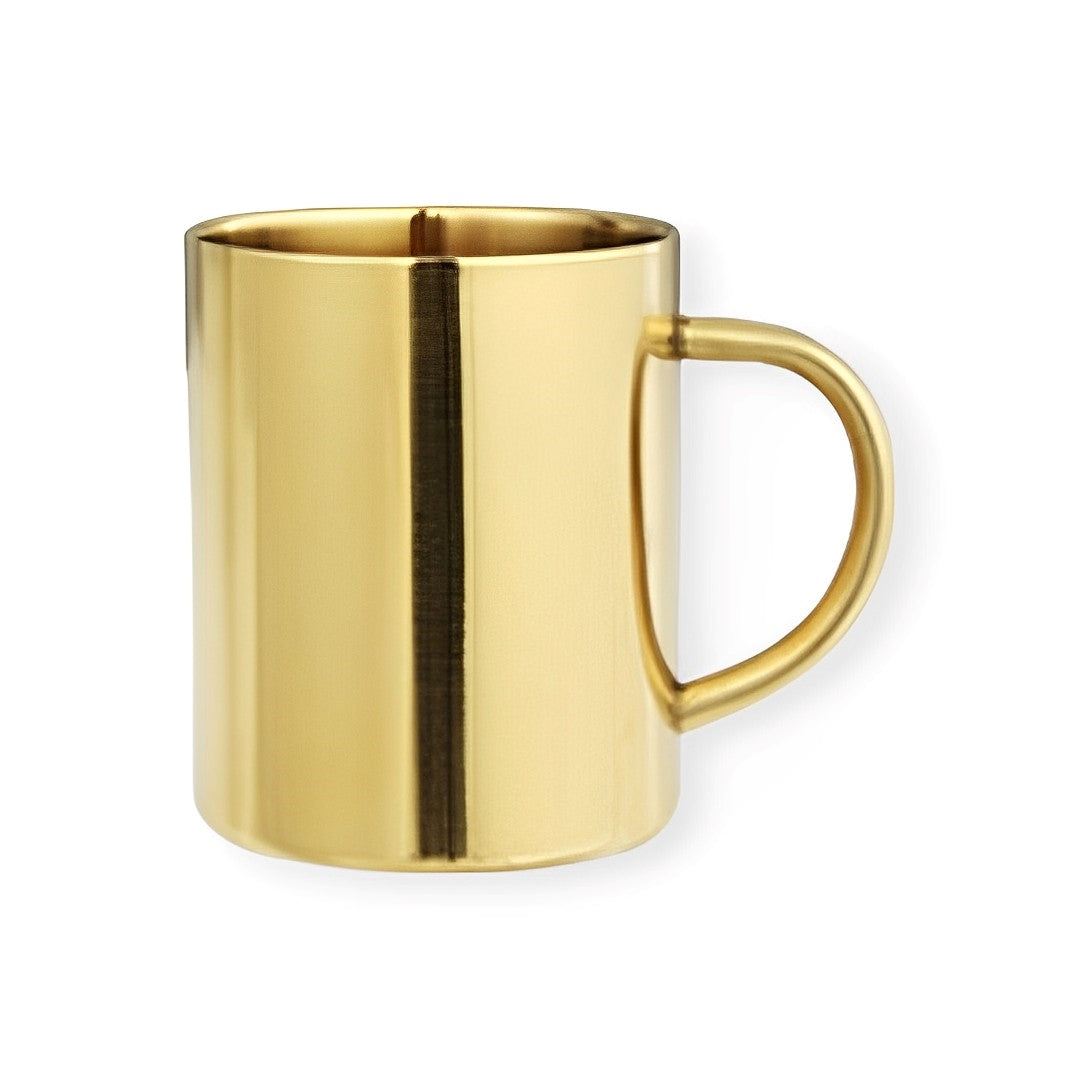 Mug en acier inox double paroi, couleur dorée, forme cylindrique avec anse, idéal pour garder votre boisson chaude ou froide en toute élégance.