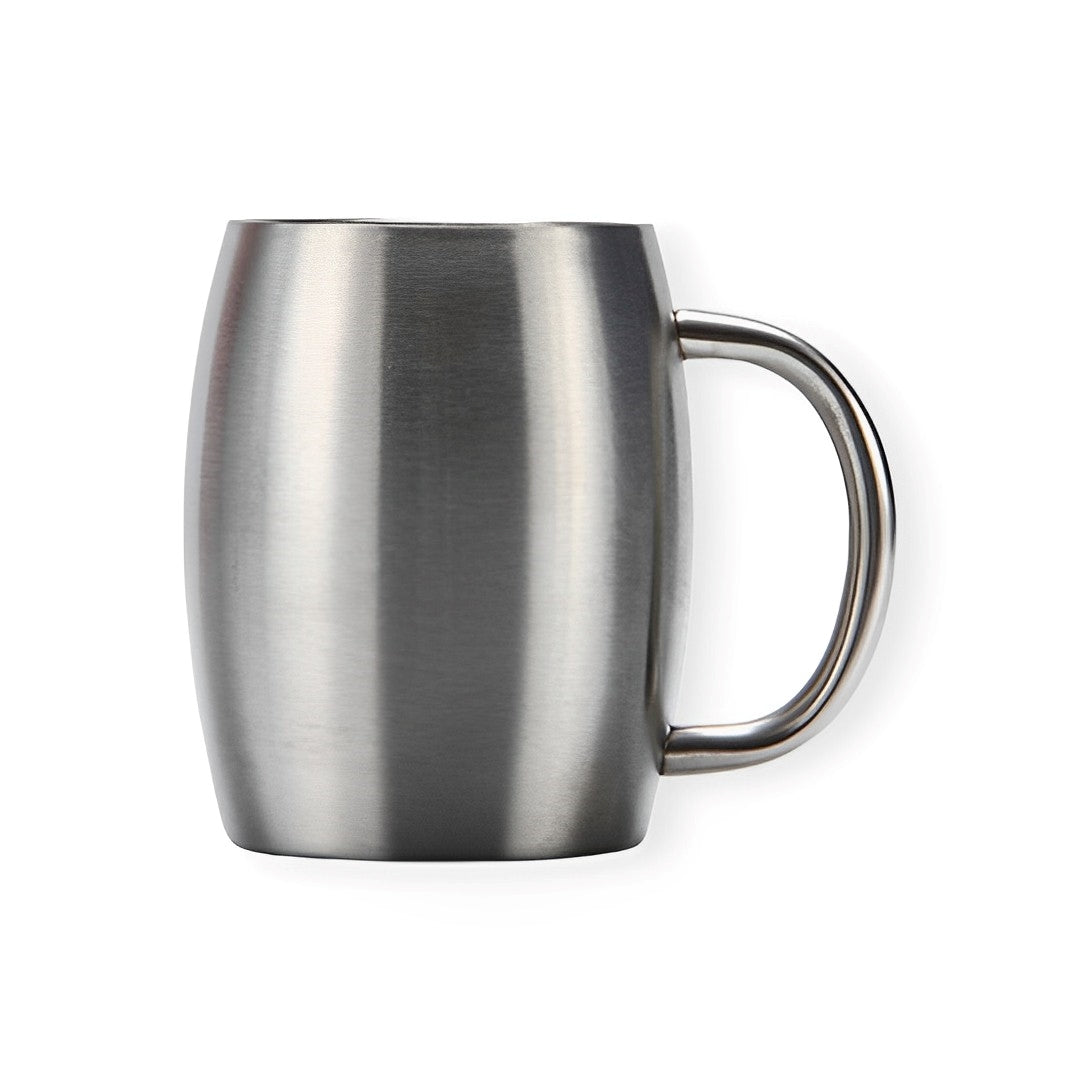 Image d'une tasse double paroi en acier avec une forme allongée et arrondie, idéale pour maintenir boissons chaudes ou froides. Cette tasse est élégante et ergonomique, et convient parfaitement pour la maison ou le bureau.