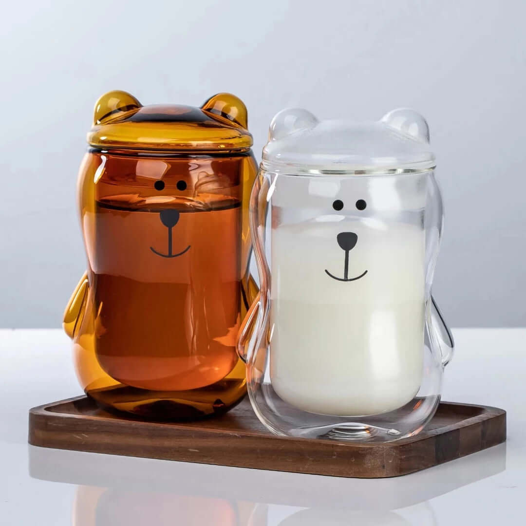 2 verres double paroi en forme ours marron et transparent
